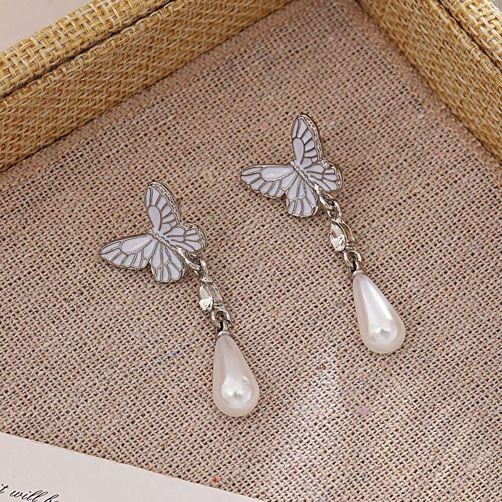 Французские ретро серьги-бабочки «Серебряная игла» с эмалевой инкрустацией и жемчужной подвеской