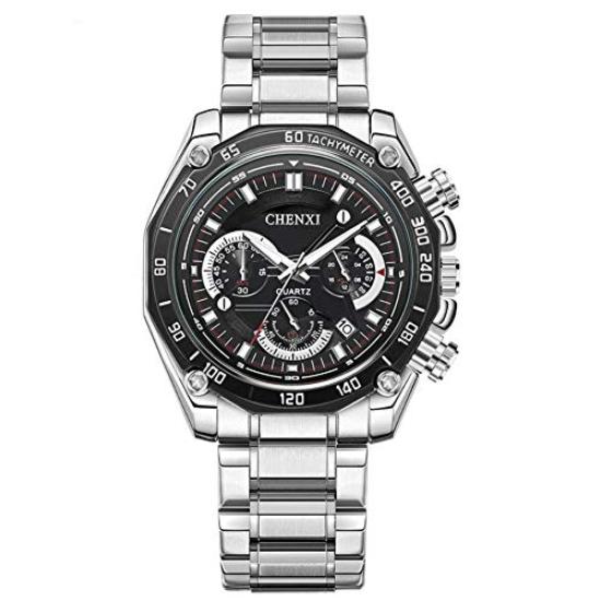Watch Chronograph Metal Band Date 30M Water Resistant Watch Quartz X O.H Men's (Black Silver)
