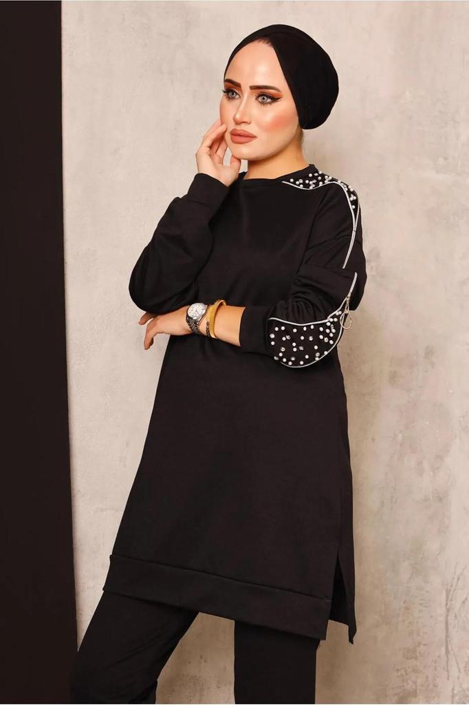 Женский комплект из длинной туники и брюк в хиджабе с жемчугом и молнией