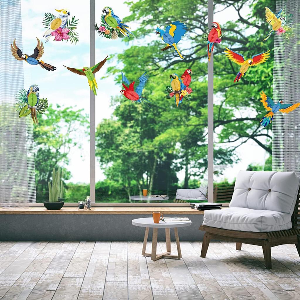 12 Pcs Tropical Birds Honeycomb Hanging Parrot Paper Cutouts Hawaiian Summer Beach Luau Party Hanging Decorations Tiki Bar Party Supplies Safari