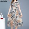 Женская мода лето весна цветочный узор принт с коротким рукавом и круглым вырезом с высокой талией повседневные платья