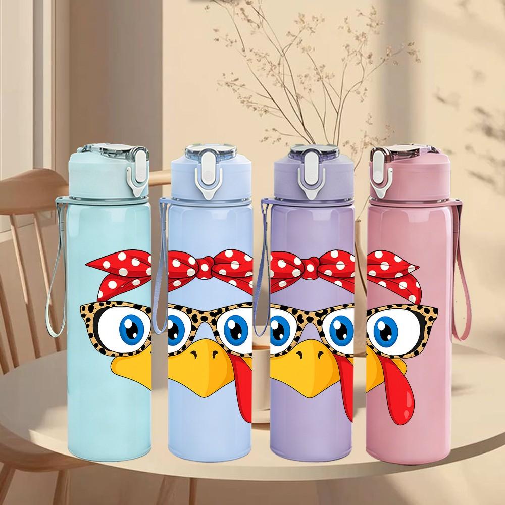 1PC Chicken Girl With Bow Ribbon 750ml Color Plastic Sports Water Bottle Leakproof Flip Straw Lid Suitable for Sports Office Home Use
