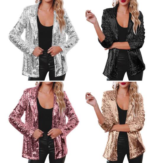 Женский пиджак с пайетками, блестящий пиджак-блейзер с открытой передней частью, вечерний кардиган с длинными рукавами и карманами