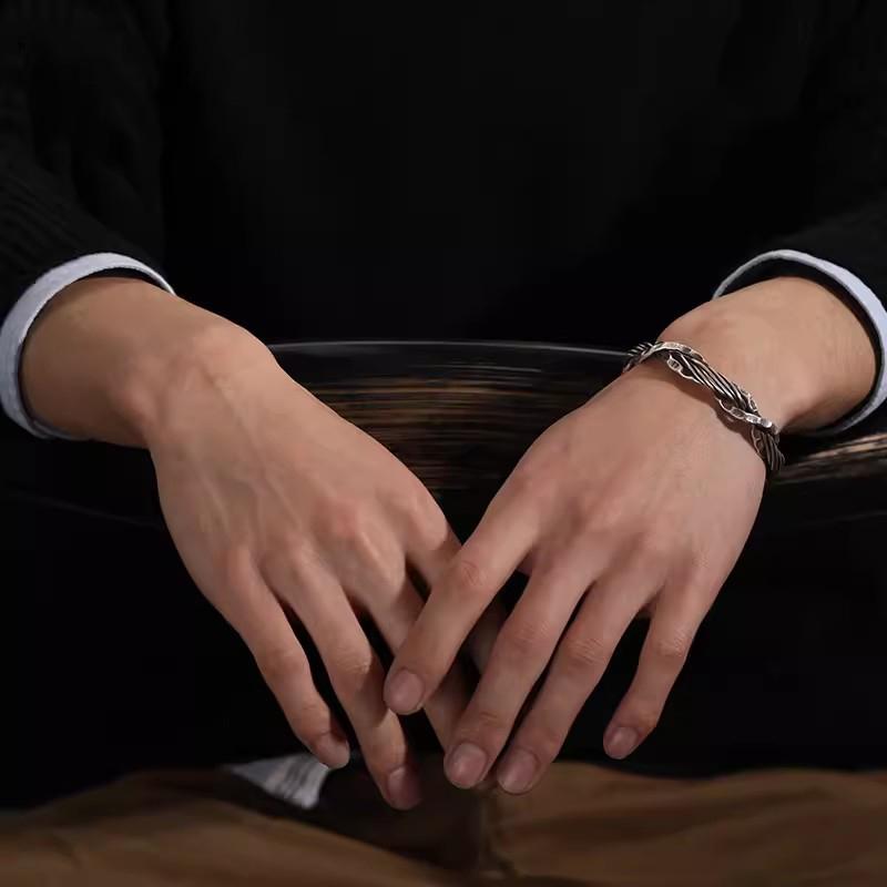 Vintage Thai Silver Hammered Weave Bangle Bracelet For Men Women Hip Hop Fashion New Jewelry Gift Party Glamorous
