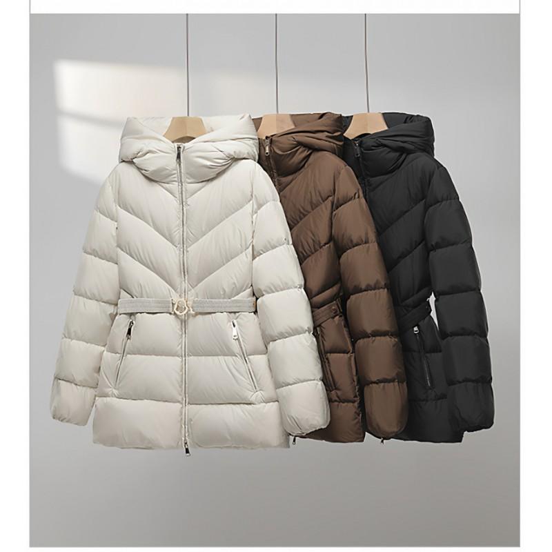 Womens Hooded Waist-Tied Down Jacket Slim Fit Warm Puffer Coat With Detachable Hood
