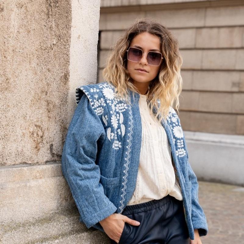 Floral Embroidery Women Jacket Blue Cardigan Warm Women's Winter Jackets Pockets High Street Outerwears Female New In Coats