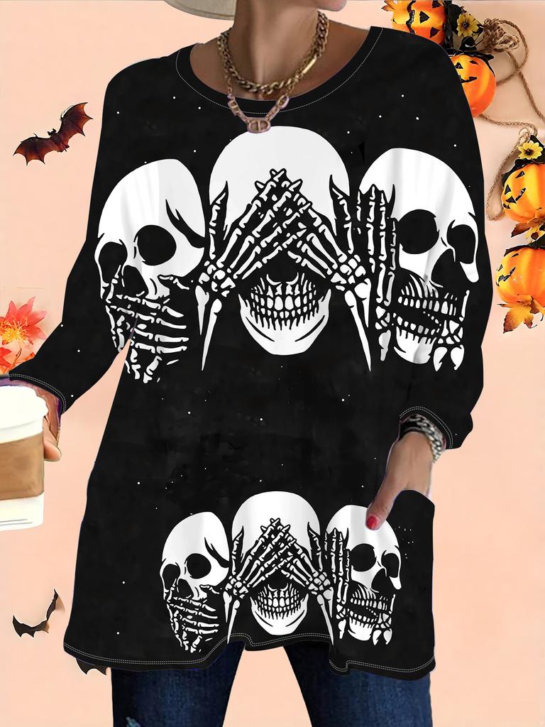 2025 Autumn Winter New Plus Size Women's Tops, Halloween 3D Print Fashion Crew Neck Long Sleeve T-Shirts