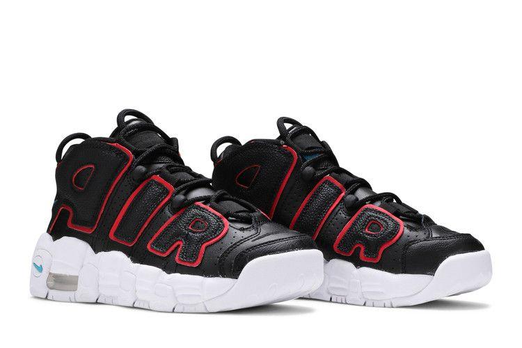 Детские кроссовки Nike Air More Uptempo Черно-красные (GS) Черный/Fusion Red/Серый туман/Голубая ярость