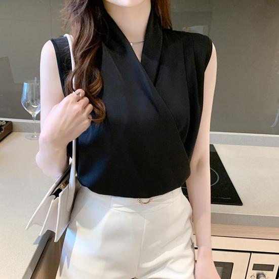 Облегающий женский топ с v-образным вырезом без рукавов, однотонная атласная блузка