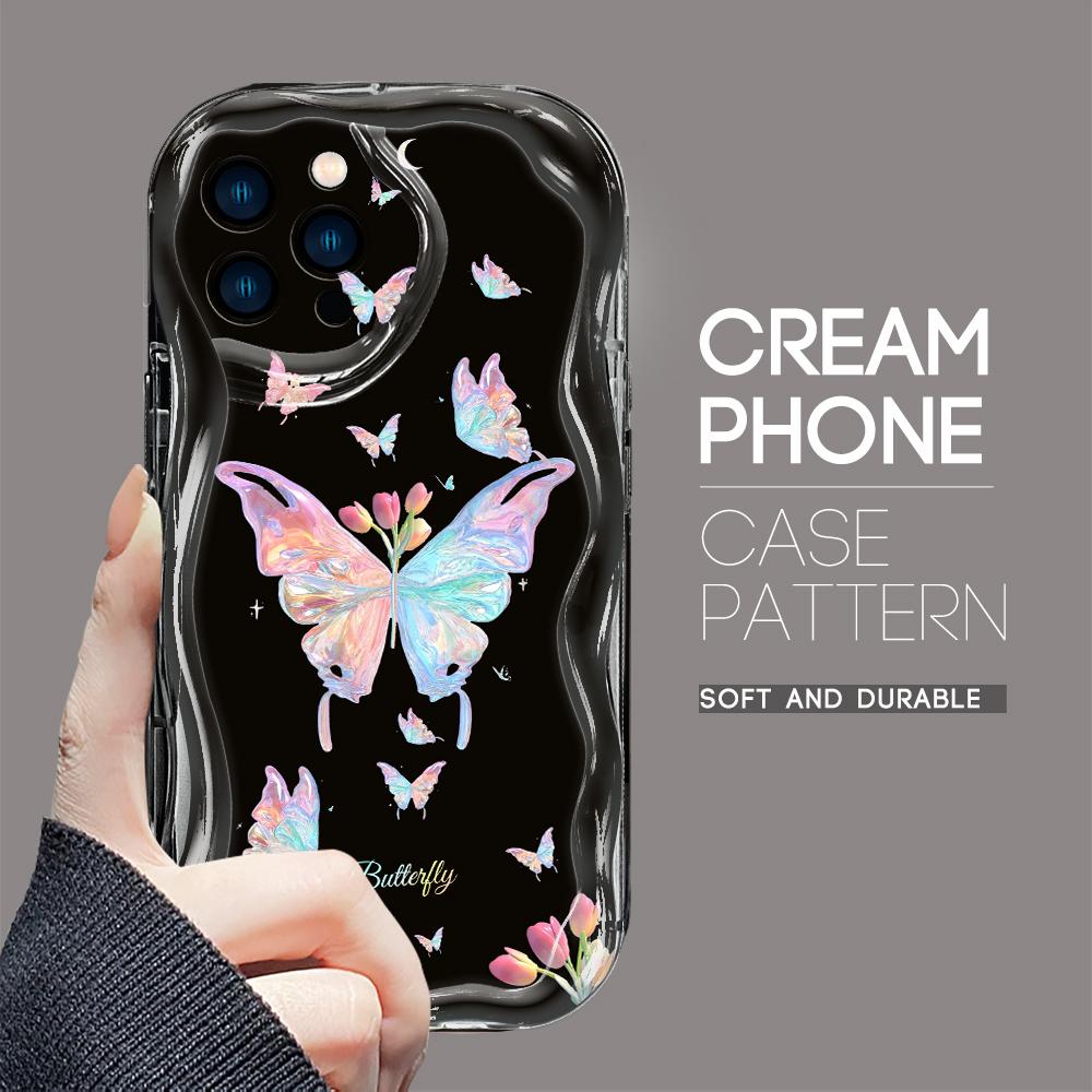 For iPhone 16 15 14 13 12 Pro Max Samsung S24 Ultra S23 S22 Plus Redmi Note 13 Pro Colorful Butterfly Cream Texture Soft Full Lens Protect Phone Case