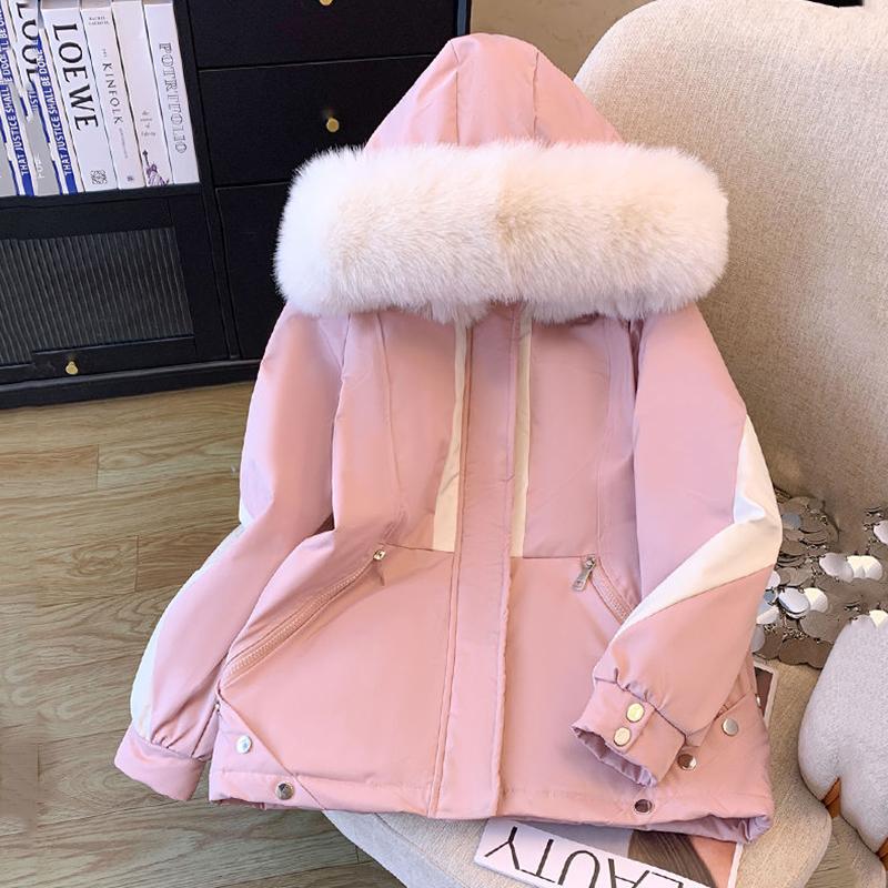 Winter Fur Collar Line Snow Fur Parka Oversize Loose Long Sleeve Hooded Fur Jacket Thick Warmer Loose Outerwear