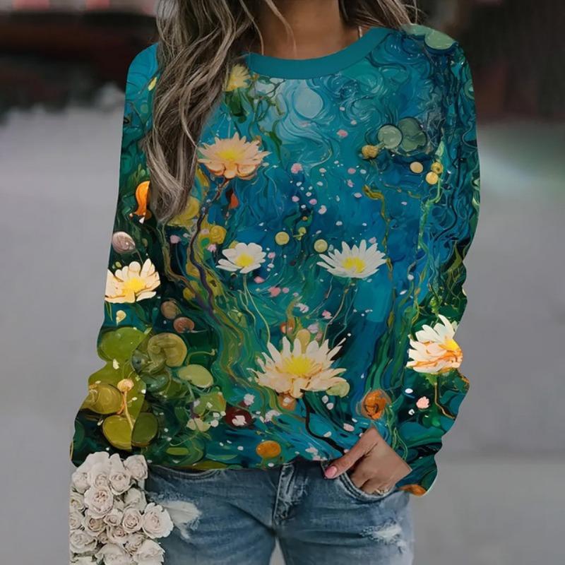 Элегантный женский топ с круглым вырезом и длинным рукавом, новая осенняя толстовка с длинным рукавом с 3D-цветочным принтом, свитшот, женская одежда больших размеров