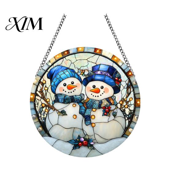 Durable Acrylic Holiday Signage Christmas 2D Hanging Ornaments, Stained Glass Style Snowman Santa Snowflake Colorful Window Decorations Hanger