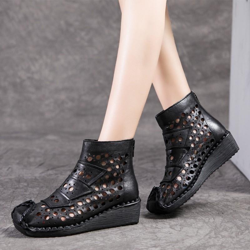 Johnature Genuine Leather Summer Hollow Out Boots Retro Handmade Round Toe Breathable Wedge Sandals Women's Shoes