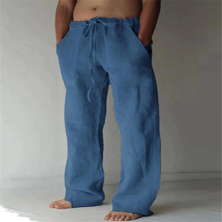 Мужские брюки Новые мужские однотонные хлопчатобумажные льняные свободные повседневные брюки со шнурком