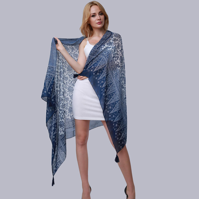 Pashmina Scarf Women Long Shawl Printed Sexy Beach Cover Up Female Navy Blue Printed Scarves