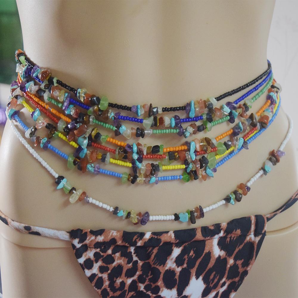 Summer African Dancing Adjustable Bulk Tie on 7 Chakra Natural Gem Stone Crystal Waist Beads Cotton Beach Belly Chain for Women