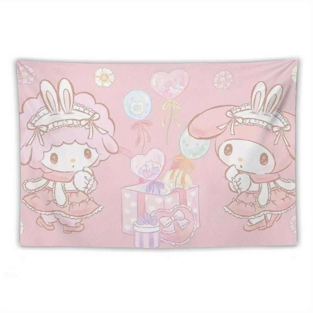 Гобелен с принтом My Melody и Black Beauty, синий и фиолетовый, мультяшные персонажи, цветочные украшения, идеально подходит для гостиных или