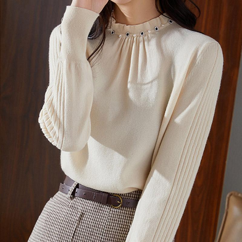 Женские свитера, пуловеры 2025 Осень-Зима Длинный рукав О-образный вырез Черный вязаный свитер Женские топы, пуловер JJ108