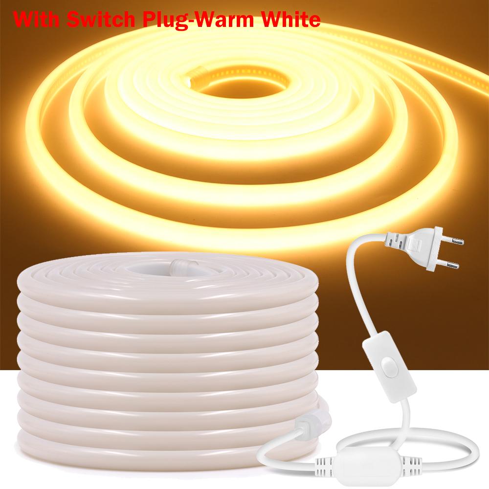 Светодиодная неоновая лента COB 220 В, равномерное свечение 270°, водонепроницаемая, 288 светодиодов/м, гибкая лента с выключателем, вилка ЕС для освещения дома и сада