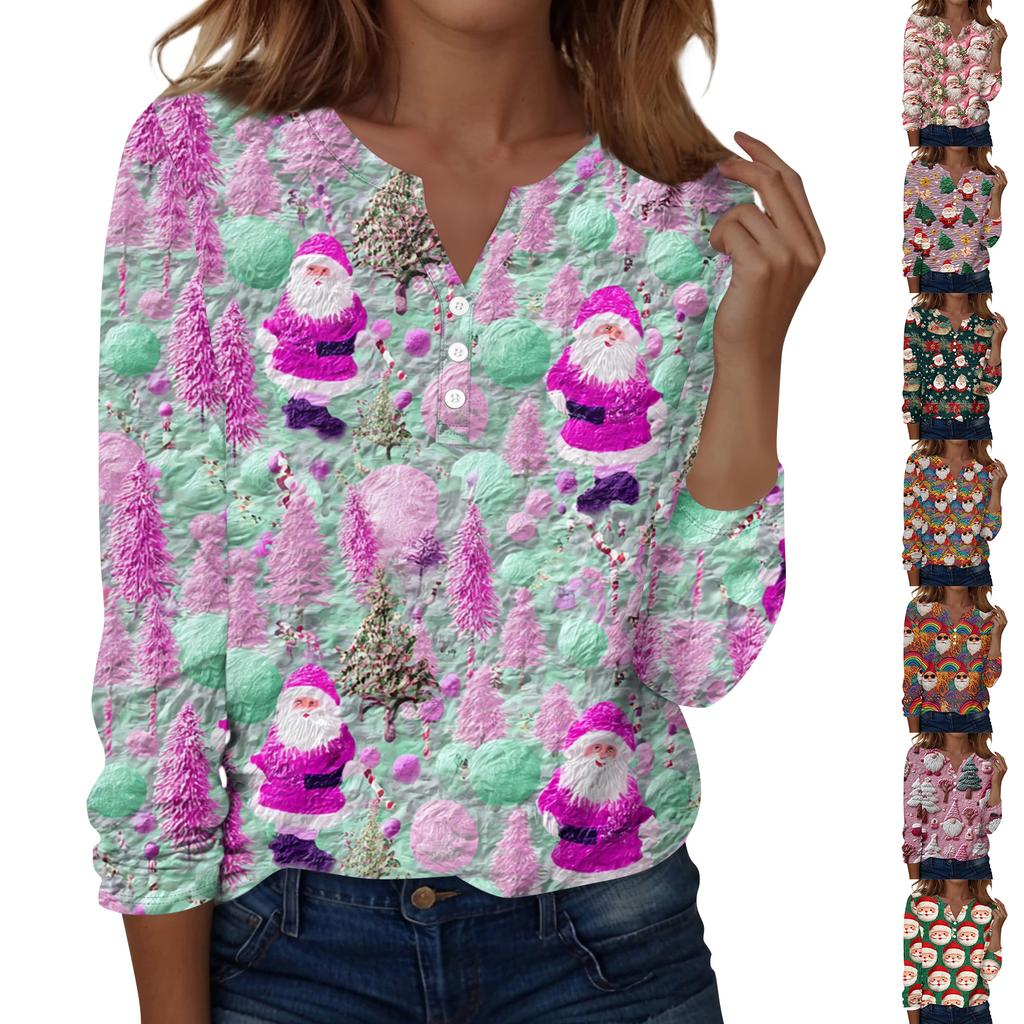 Women's Fashion Casual V-Neck Long Sleeve Decorative Button Christmas Print Top