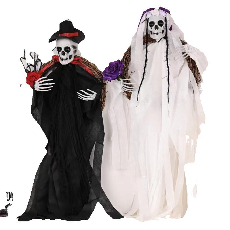 1 Pcs Skeleton Haunted House Props Pendant Ghost Bride Groom Rattan Ring Garland Party Supplies Halloween Decor