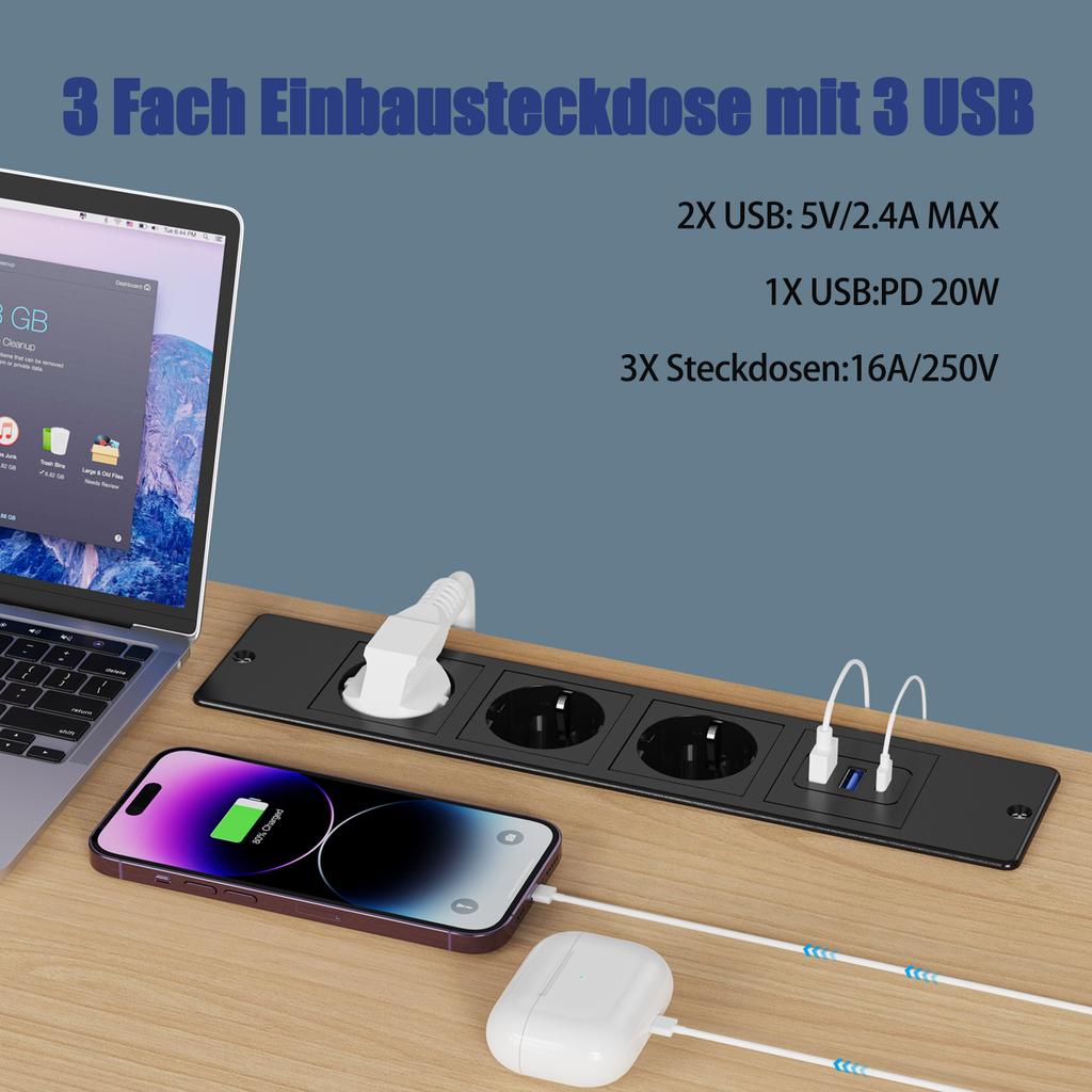 Встраиваемые розетки EU Table, встраиваемые розетки для рабочего стола с 3 розетками переменного тока, 2 USB-портами для быстрой зарядки TYPE-C, скрытый удлинитель