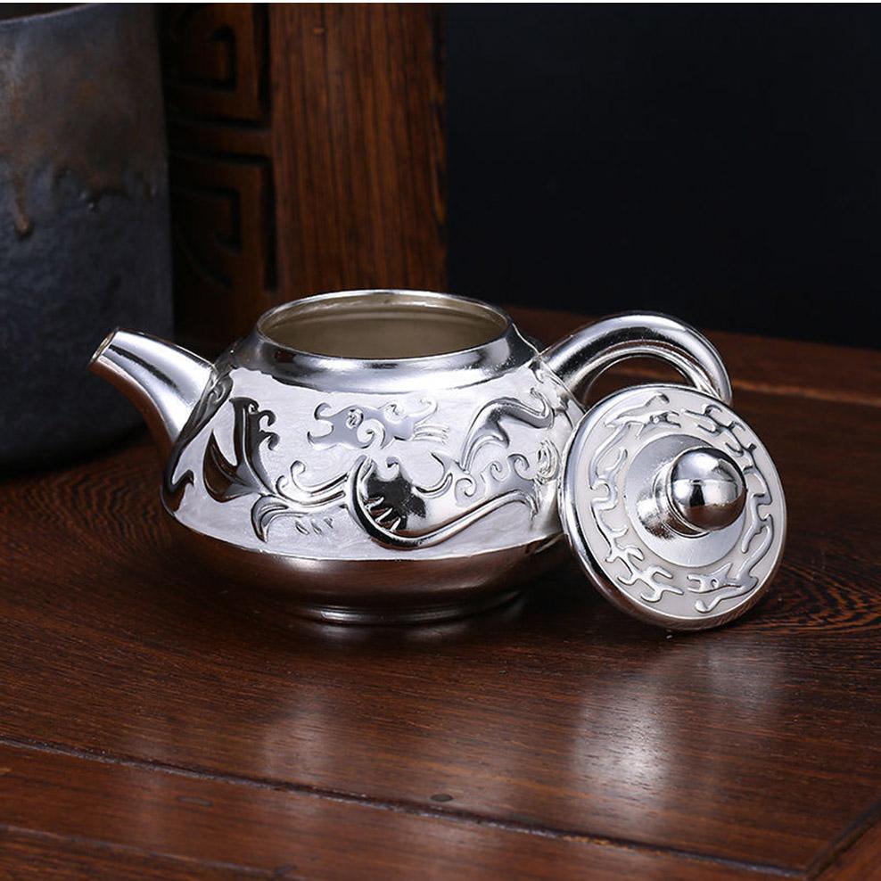 6-piece Set, Chinese Dragon Totem Tea Set, S999 Silver Teapot Tea Cup with Tray, Retro Silver Plated Tea Set, Home Ornaments