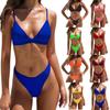 Women Sexy 2 Piece Bikini Set Spaghetti Strap V-Neck Push Up Padded Swimsuit Solid Color Low Waist High Cut Bathing Suit Beachwear