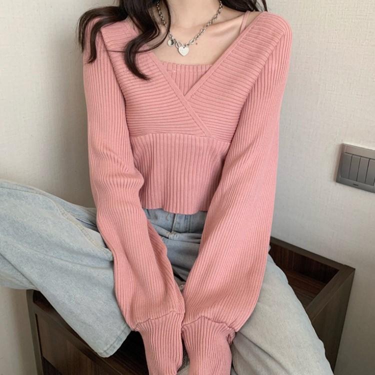 Поддельные два свитера, женские весенне-осенние вязаные свитера с v-образным вырезом, корейские короткие пуловеры