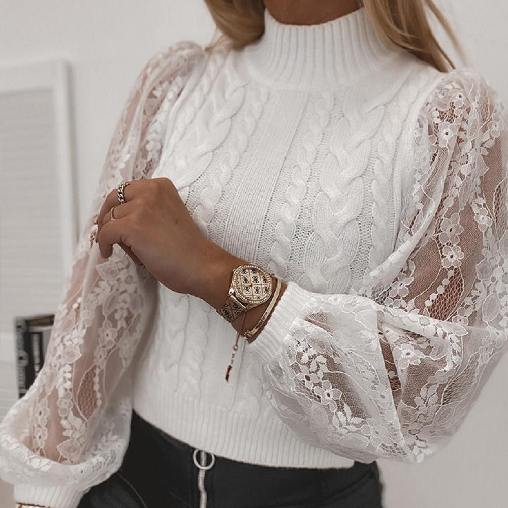 Женский свитер осень-зима белый с полувысоким воротом и кружевным узором с рукавами-фонариками