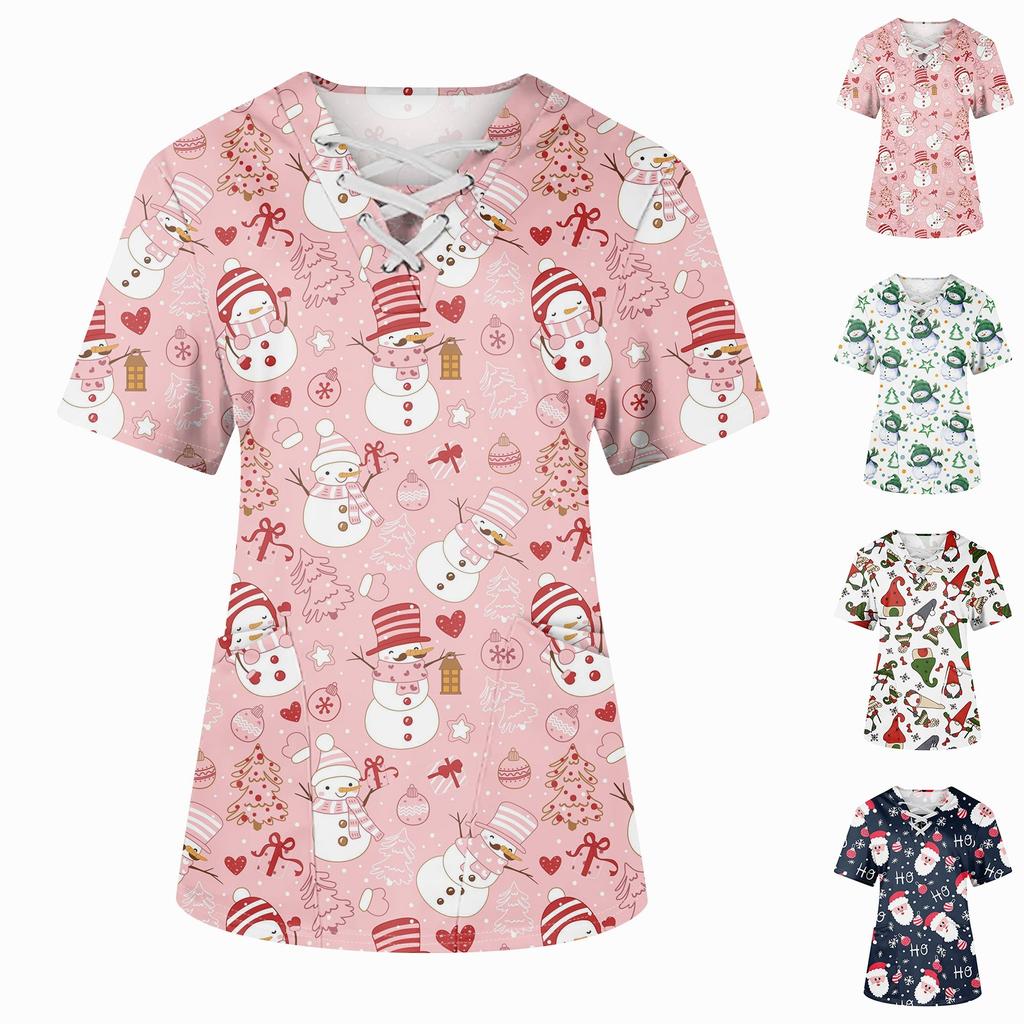 Плюс размерСкраб с принтом Рабочая форма Топы для женщин Крест V-образным вырезом Хэллоуин Принт с короткими рукавами Забавные футболки Спецодежда Футболка с карманами