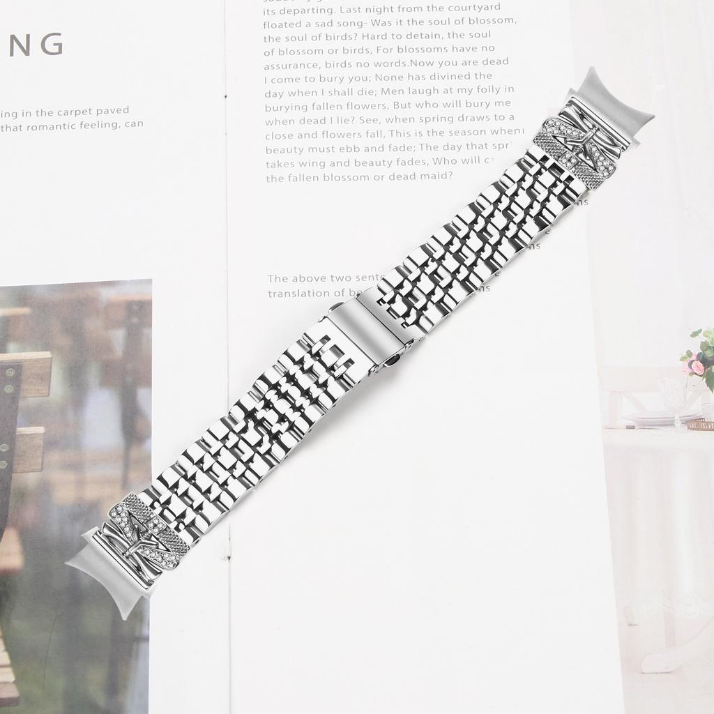 Silver Metal Strap with Connector for Samsung Galaxy Watch7 44mm/40mm Butterfly Rhinestones Decor 7-Bead Watch Band