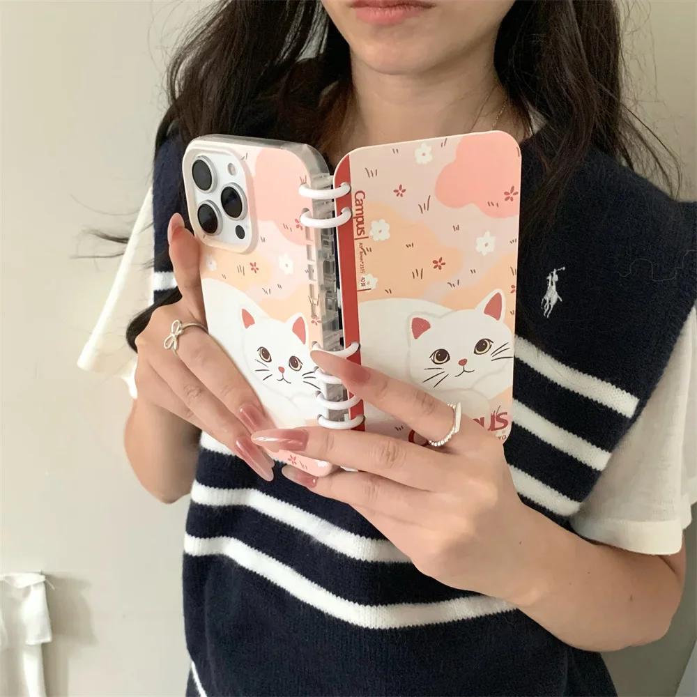 Чехол-книжка в стиле милого кота в виде спирального блокнота для iPhone 16 Pro Max 15 14 13, держатель для слота для подставки, противоударный чехол из искусственной кожи