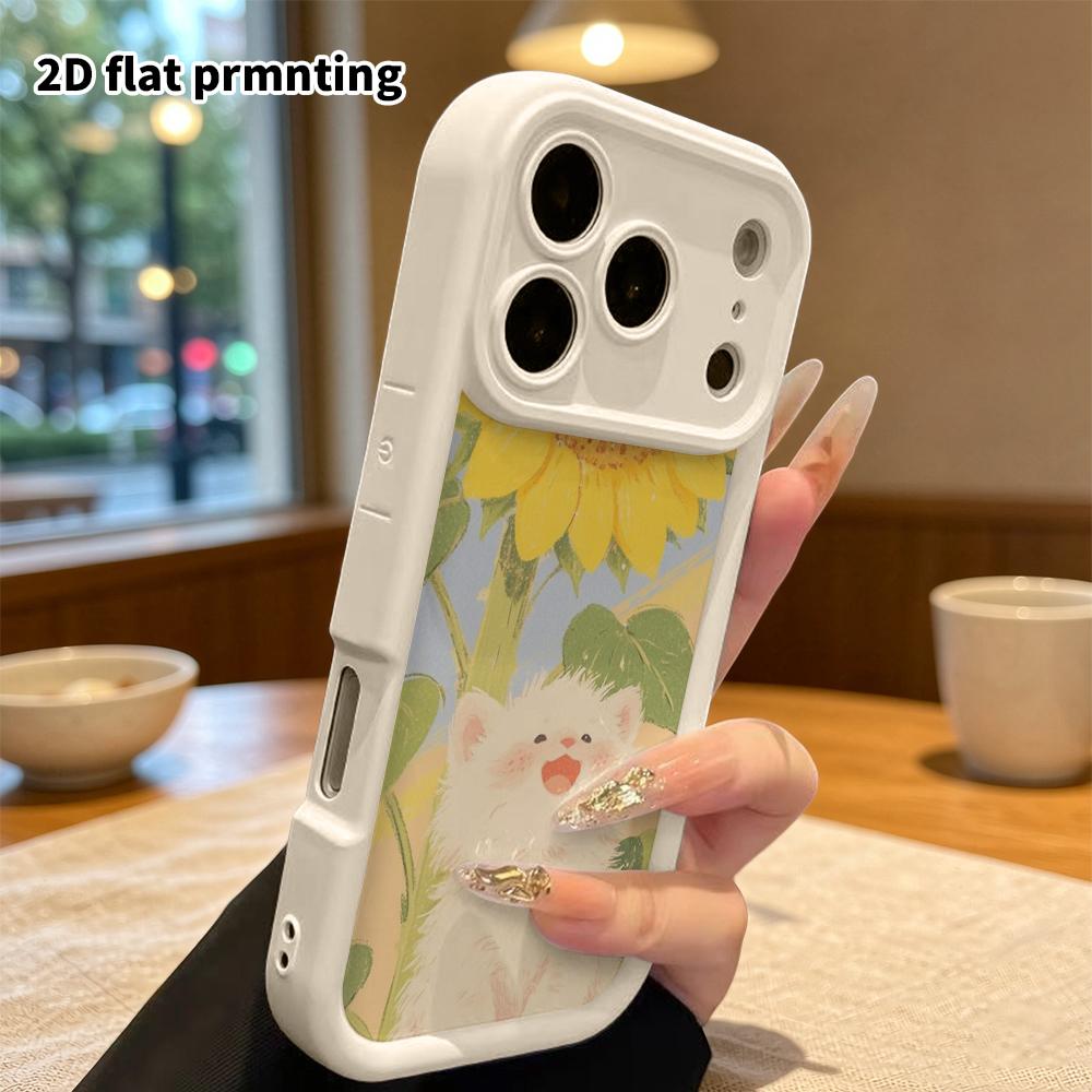Чехол для телефона: 2D плоский дизайн, подходящий для защитного чехла iPhone 18 17 16 15 14 13 Pro, подсолнух маленький белый кот, идеальный Рождество и Хэллоуин holi