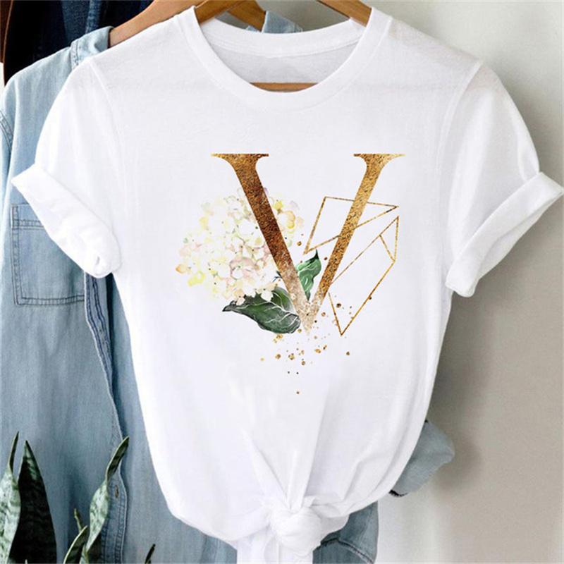 Custom Name Letter Combination Women T Shirt Floral Gold Letter Font A B C D Print Short Sleeve Tee Tops Female T-shirt Clothes