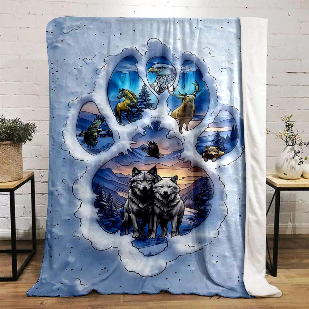 "Snowy Wolf Paw with Forest Animals Print Flannel blanket for bedroom living room sofa and nap"