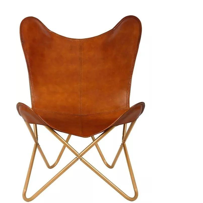 Винтажное кожаное кресло-бабочка, кресло-акцент, стул с золотой рамой