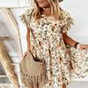 2025 Spring Summer Round Neck Flower Printed Short Sleeve Loose Dress Fashionable and Versatile Trend