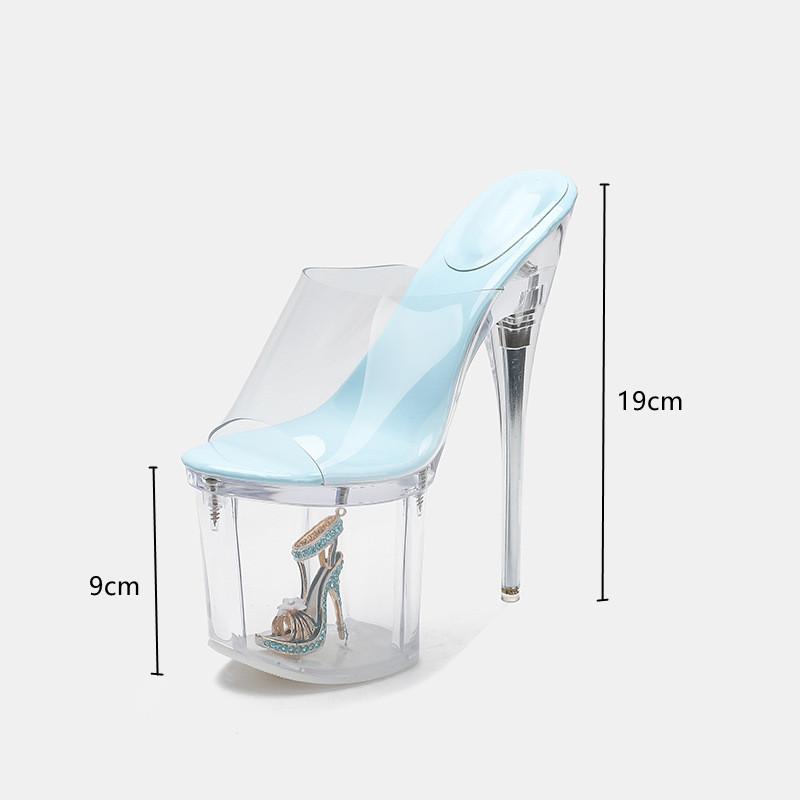 Мода 19см Очень Высокие каблуки Прозрачный ПВХ Женские Тапочки Сандалии Мода Лето Прозрачный Кристалл Платформа Танкетка Мюли Обувь для танца на пилоне