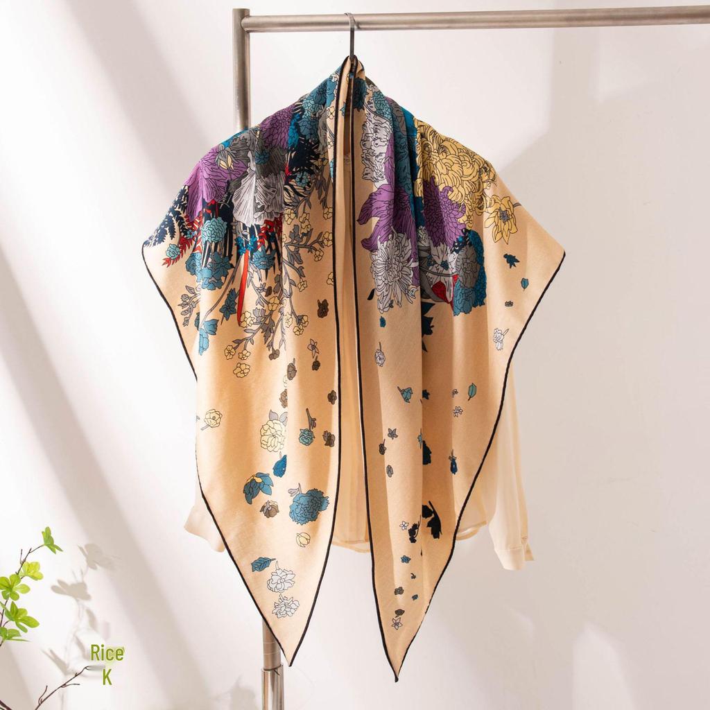 Elegant Double-Sided Beige Peony Floral Wool Scarf for Women - Versatile High-End Commuting Shawl