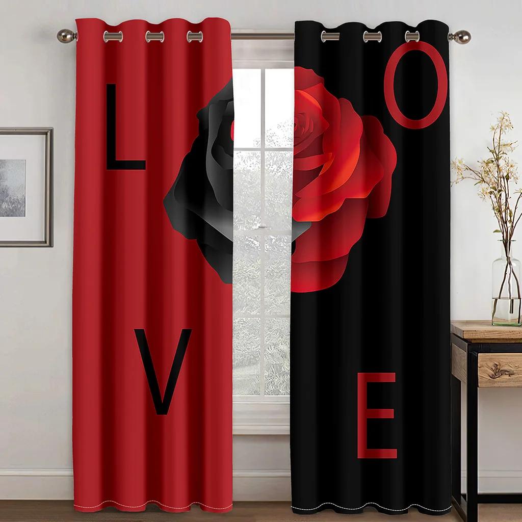 Valentine's Day Romantic Rose Love Curtains Wedding Decor Curtains 2 Panel Deluxe Living Room Bedroom Window Decor Curtains