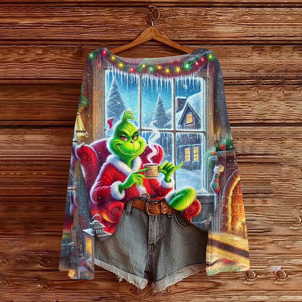 Women's Fashion Round Neck Long Sleeve Christmas Print Casual Knit Pullover Top