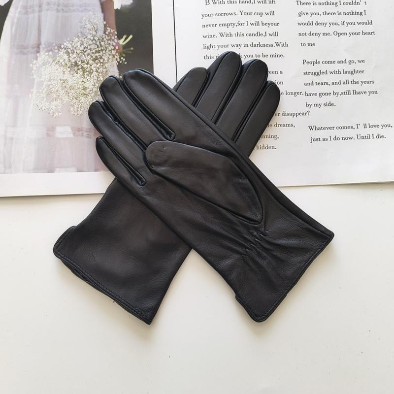 New Ladies Sheepskin Gloves Outdoor Riding Solid Color Thin Single Leather Unlined Black Silk Lining Driving Gloves