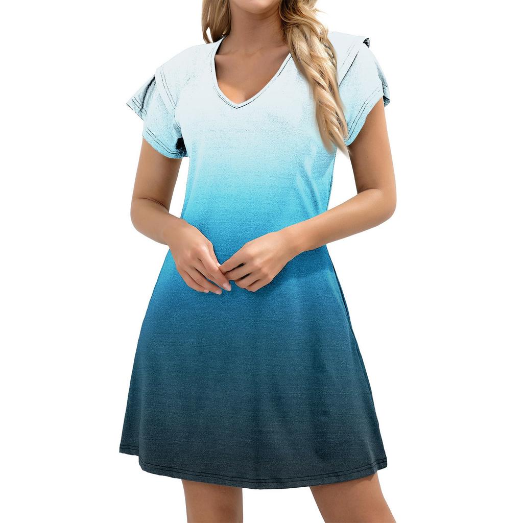 Women's Casual V-Neck A-Line Dress With Short Ruffled Edge Cuff Pocket Dress Cuff Pocket Dress