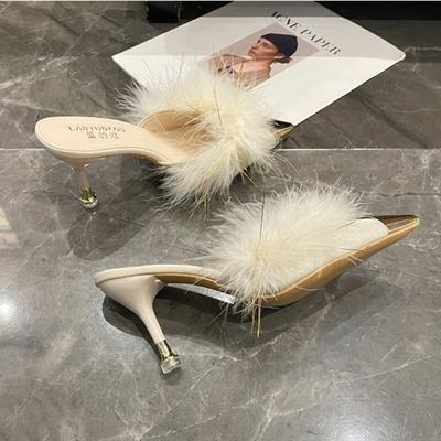 Туфли на высоком каблуке с острым носком для женщин на открытом воздухе Босоножки на высоком каблуке для женщин Перьевые полутапочки для внешней носки Pantuflas De Mujer