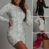 Women Dress Shiny Sequin Skinny Sheath Long Sleeve Round Neck Slim Fit Solid Color Above Knee Length Prom Party Club