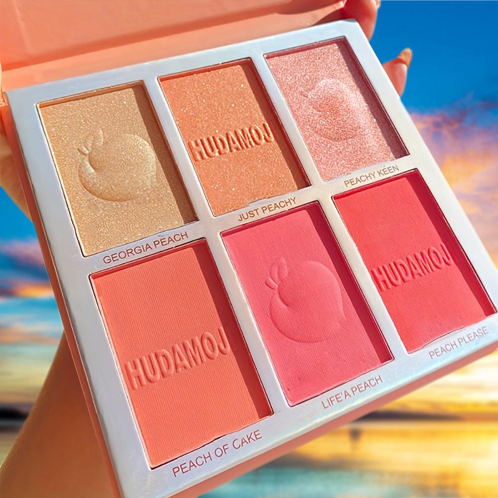 6 Color Peach Natural Highlight Brightening Face Blush One Disc Multi-functional Contouring Glitter Pearl Eyeshadow Tray Women's Student Cosmetics