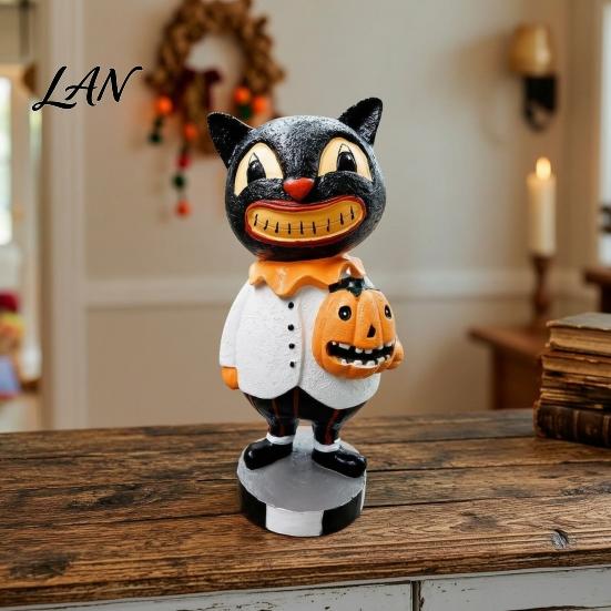Decorative Black Cat for Porch Figurines, Vintage Halloween Ornament with Pumpkin, Small Nostalgic Style Holiday Gift Retro Resin Table Decoration