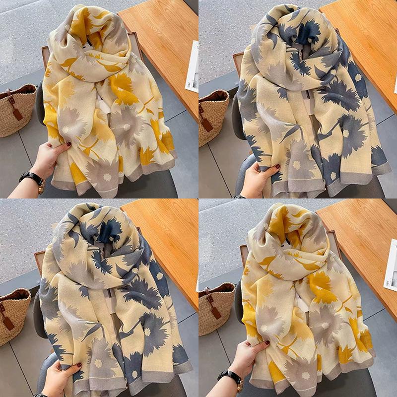 Korean Style Floral Cotton Linen Scarf - Versatile Autumn/Winter Shawl for Women